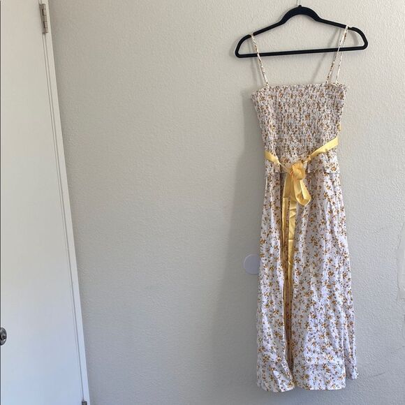 Reformation Miles Floral Yellow & White Ribbon Wrap Smocked Linen Dress Large - Picture 5 of 10